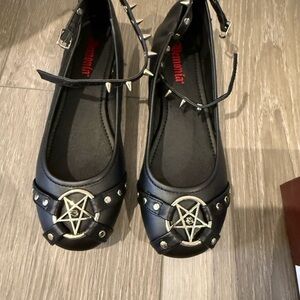 Demonia Black Flats with Silver Pentagram Detail
